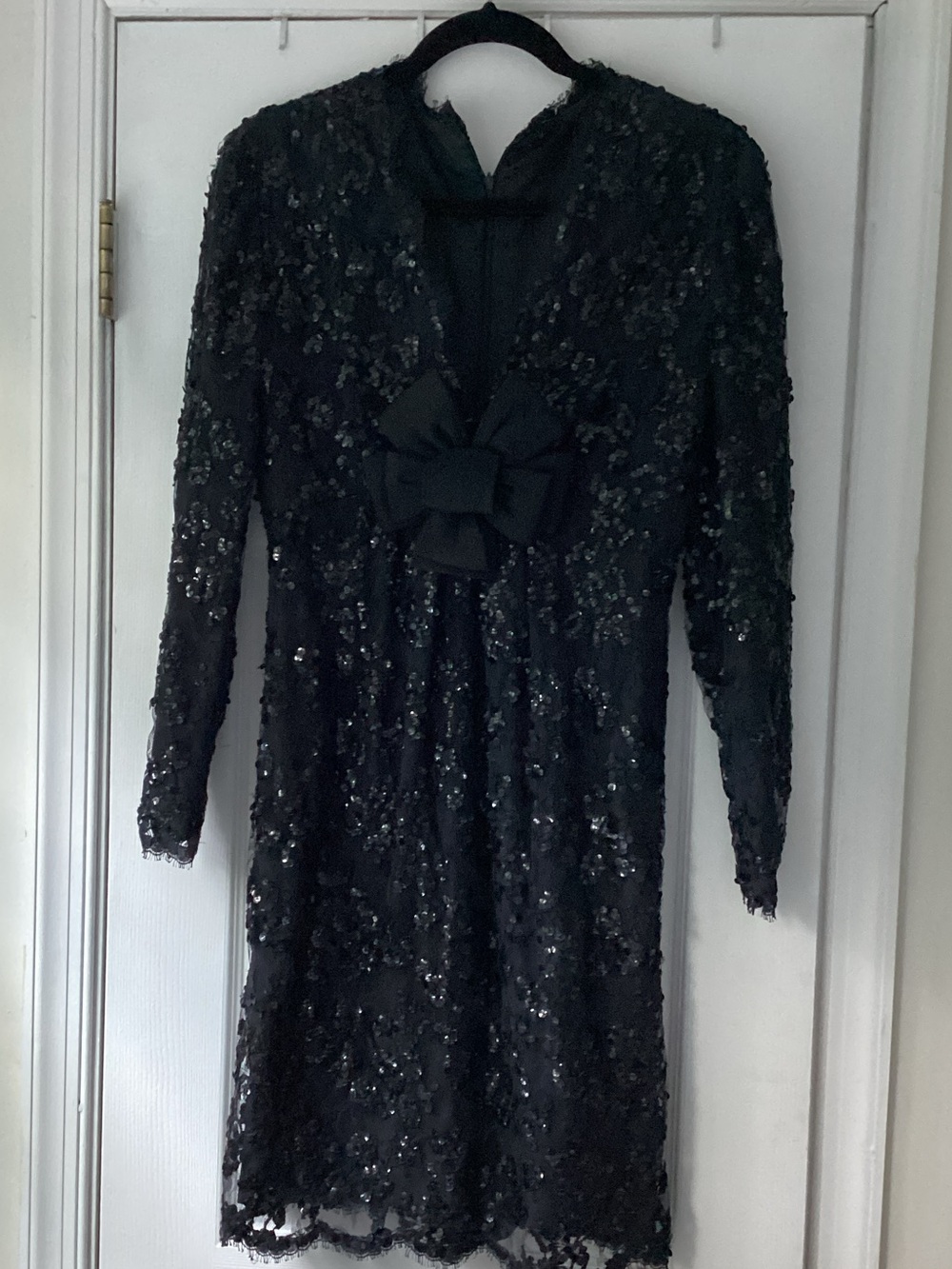 Long Sleeve Black Sequin Dress with Front Bow